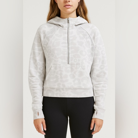 LULULEMON SCUBA OVERSIZED HALF ZIP HOODIE WHITE GREY LEOPARD PRINT SIZE XS/S - Picture 1 of 8